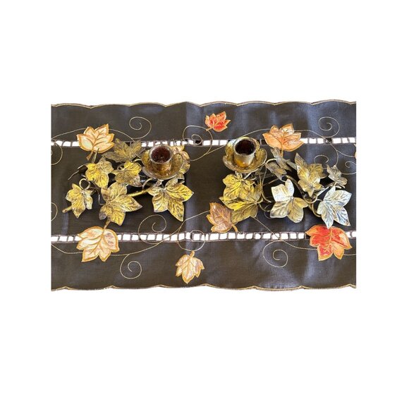 Embroidered Fall Table Runner & Gold Leaf Candle Holders Set - Picture 13 of 13